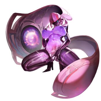 1girl aeda_type-g breasts colored_skin curly_hair curvy english_text faceless faceless_female female_focus full_body game_cg gluteal_fold grabbing_own_breast hand_on_own_chest high_heels highres huge_breasts humanoid_robot last_origin long_hair looking_at_viewer multicolored_skin navel official_alternate_costume official_art pink_hair ren._(ren.ko) robot robot_girl see-through_body shiny_skin spread_legs squatting text_print thick_thighs thighs transparent_background