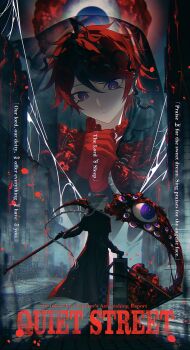 Rule 34 | 2boys, absurdres, ahoge, aizendai, aotsuki eito, black coat, black gloves, black streaks, black veil, blood, blue eyes, braid, chinese commentary, coat, commentary request, disembodied eye, eldritch abomination, english text, flesh, glasses, gloves, grey hair, highres, holding, holding scythe, long hair, looking at another, looking at viewer, male focus, multicolored hair, multiple boys, own hands together, red gloves, red hair, red pupils, ringed eyes, scythe, short hair, smile, streaked hair, suitcase, sumino takumi, the hundred line -last defense academy-, variant set, veil, very long hair, watermark