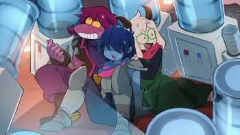 1boy 1girl 1other animal_ears armor armored_boots armored_gloves blue_hair blue_skin boots bracelet colored_sclera colored_skin commentary_request deltarune furry furry_female furry_male goat_boy goat_ears goat_horns green-framed_eyewear green_robe highres horns jewelry knee_armor kris_(dark_world)_(deltarune) kris_(deltarune) purple_hair purple_skin ralsei reptile_girl robe short_hair shoulder_armor sitting spiked_bracelet spikes surrounded susie_(dark_world)_(deltarune) susie_(deltarune) sweat uri_(365mimimi) utdr_(toby_fox) water_cooler yellow_sclera