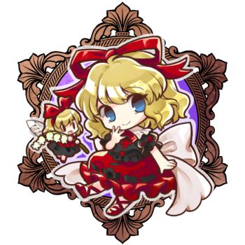 Rule 34 | 1girl, back bow, black shirt, blonde hair, blue eyes, bow, chibi, chibi only, closed mouth, commentary request, flower, full body, hair ribbon, holding, holding flower, lily of the valley, looking at viewer, medicine melancholy, open mouth, puffy short sleeves, puffy sleeves, red bow, red ribbon, red skirt, ribbon, ribbon-trimmed shirt, ribbon-trimmed skirt, ribbon trim, shirt, short sleeves, simple background, skirt, smile, socha, solo, su-san, touhou, transparent background, white flower