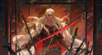 Rule 34 | 2025, absurdres, armor, artist name, belt, black armor, blonde hair, blue eyes, body armor, branch, brown belt, building, commentary, cropped legs, dated, english commentary, epaulettes, final fantasy, final fantasy xiv, fingerless gloves, fire, flower, gloves, highres, jacket, jacket on shoulders, katana, long hair, looking at viewer, male focus, muscular, muscular male, pine tree, red flower, red gloves, red pupils, red sash, sash, smirk, smoke, spider lily, sword, tree, weapon, white jacket, yueh, zenos yae galvus