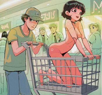 3boys 3girls arm_support arttheratpist barefoot baseball_cap black_choker black_eyes black_hair blue_pants blunt_bangs blush bob_cut breasts breasts_squeezed_together brown_eyes choker commentary completely_nude crowd denim doll_joints embarrassed english_commentary green_shirt grey_hat hat highres in_shopping_cart indoors jeans joints kneeling light_frown looking_ahead mall medium_breasts multiple_boys multiple_girls nipples nude original pants parted_lips people pink_lips pointing pointing_at_another pushing robot_girl sex_doll shirt shopping_cart short_hair short_sleeves sign sketch toes two-tone_shirt walking wide-eyed