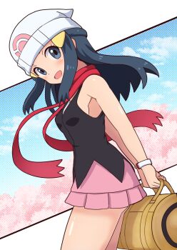 1girl :d ass_peek bag beanie black_hair black_shirt blush commentary_request dawn_(pokemon) duffel_bag eyelashes from_side grey_eyes hair_ornament hairclip happy hat highres long_hair looking_at_viewer nintendo ootori_(kyoya-ohtori) open_mouth pink_skirt pokemon pokemon_dppt red_scarf scarf shiny_skin shirt sidelocks skirt sleeveless sleeveless_shirt smile solo white_hat yellow_bag
