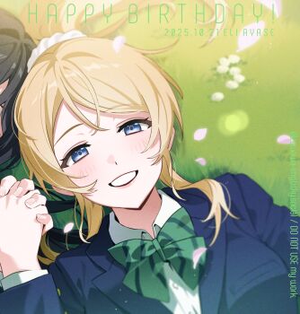 Rule 34 | ayase eli, blonde hair, blue eyes, bow, bowtie, green bow, green bowtie, hair ornament, hair scrunchie, highres, love live!, love live! school idol festival, love live! school idol project, lying, otonokizaka school uniform, ponytail, school uniform, scrunchie, smile, striped bow, striped bowtie, striped clothes, tojo nozomi, white scrunchie, yuri, zawawa (satoukibi1108)