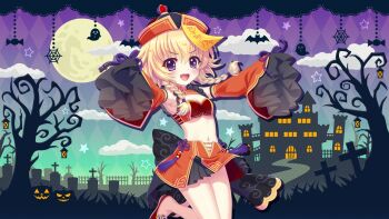 1girl :d argyle_background armpits bare_shoulders bat_ornament black_skirt blonde_hair blush braid breasts candy castle cleavage cleavage_cutout clothing_cutout cloud cowboy_shot crop_top dot_nose fence film_grain food full_moon game_cg ghost_ornament gradient_sky graveyard green_sky halloween halloween_costume hasegawa_mii hat izumi_tsubasu jack-o&#039;-lantern jiangshi_costume lantern long_hair looking_at_viewer low-tied_long_hair moon navel no_socks non-web_source official_art ofuda open_mouth outstretched_arms path purple_eyes purple_sky qingdai_guanmao re:stage! red_hat red_shoes red_skirt red_sleeves road shoes silk skirt sky sleeveless sleeves_past_fingers sleeves_past_wrists small_breasts smile solo sparkling_eyes spider_web standing standing_on_one_leg star_(symbol) stomach teeth tombstone tree twin_braids two-tone_skirt upper_teeth_only wide_sleeves zombie_pose
