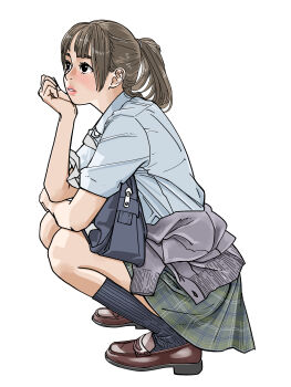 Rule 34 | 1girl, absurdres, bag, black eyes, brown hair, brown shoes, clothes around waist, green skirt, grey jacket, grey socks, head rest, highres, jacket, jacket around waist, lipstick, loafers, makeup, original, plaid clothes, plaid skirt, ribbed socks, sakamoto giulietta, school bag, school uniform, shoes, short sleeves, skirt, socks, squatting