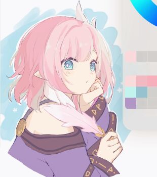 Rule 34 | 1girl, blue eyes, coat, curled fingers, cyrene (honkai: star rail), cyrene (philia093) (honkai: star rail), diamond-shaped pupils, diamond (shape), hand on own cheek, hand on own face, holding, holding quill, honkai: star rail, honkai (series), ki ii37, light blush, medium hair, off shoulder, pink hair, pink pupils, pointy ears, purple coat, quill, runes, simple background, symbol-shaped pupils, white streaks