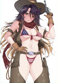 1girl absurdres american_flag american_flag_bikini american_flag_print belt bikini black_hair blush breasts brown_belt brown_gloves chaps closed_mouth commentary commission cowboy_hat cowboy_shot cowboy_western cropped_vest english_commentary flag_print flag_print_bikini gloves gun hand_up handgun hat highleg highleg_bikini highres himeliofon holding holding_gun holding_weapon long_hair lua_asuka medium_breasts navel print_bikini production_kawaii red_scarf revolver scarf sheriff_badge simple_background skindentation smile solo stomach swimsuit vest virtual_youtuber weapon white_background yellow_eyes