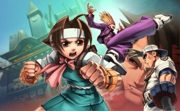 Rule 34 | 00s, 1girl, 2005, 3boys, backpack, bag, bandaid, bandaid on face, bandaid on nose, baseball bat, baseball uniform, blonde hair, bow, brown eyes, brown hair, building, capcom, clenched hands, dated, edge, fighting stance, flying kick, grin, hairband, jacket, justice gakuen, kicking, long hair, looking away, multiple boys, muscular, neck ribbon, nekketsu hayato, omar dogan, open mouth, randoseru, ribbon, sawamura shoma, school uniform, serious, shiritsu justice gakuen, short hair, skirt, skirt set, smile, spiked hair, sportswear, tongue, tongue out, wakaba hinata, edge (justice gakuen)