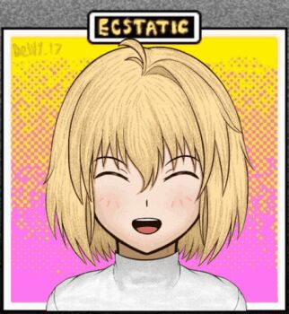 1girl :d ahoge animated animated_gif arcueid_brunestud blonde_hair blush closed_eyes closed_mouth delvy_17 english_text happy lowres omori open_mouth parody profile short_hair smile style_parody sweater tsukihime tsukihime_(remake) turtleneck turtleneck_sweater white_sweater