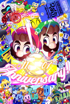 6+boys 6+girls absurdres adaphne_(mario) anniversary arc_(mario) billdit_(mario) blue_eyes blue_eyeshadow blue_scarf blue_skin bowser bowser_jr. brown_hair buddy_(mario) burnadette_(mario) chilliam_(mario) closed_eyes colored_skin connie_(mario) cozette_(mario) crown dated dorrie dulles_(mario) dyode_(mario) ecks_(mario) ego_(ecolo_go) ellow_(mario) emmit_(mario) everyone eyeshadow facial_hair father_and_son fire gloves goggles gorumbla great_conductor_(mario) green_skin heterochromia highres holding holding_hands holding_telescope ireen_(mario) kamek loog_(mario) looking_at_viewer luigi makeup mario mario_&amp;_luigi:_brothership mario_&amp;_luigi_rpg mario_(series) maykit_(mario) mother_and_daughter mother_and_son multiple_boys multiple_girls mustache nintendo object_head postage_stamp princess_peach reclusa_(mario) red_hair red_toad_(mario) scarf shun_(mario) smile snoutlet_(mario) sprite_bulb stamp_mark starlow sunglasses technikki_(mario) telescope ten_(mario) toad_(mario) white_gloves willma