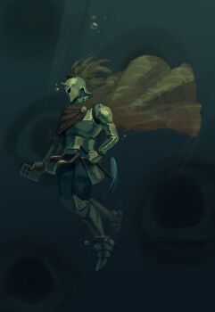1other air_bubble armor bubble cloak d3rlord3 from_side full_body galea_helmet highres holding holding_pickaxe just_gin_please light_rays pickaxe red_cloak searching_for_a_world_that_doesn&#039;t_exist solo subsurface_scattering too_many_eyes underwater