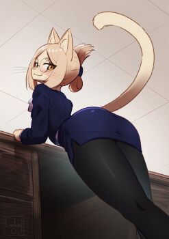 1girl against_desk animal_ear_fluff animal_ears animal_nose ascot ass black_pantyhose blonde_hair blue_jacket blue_skirt blush cat_ears cat_girl cat_tail closed_mouth commentary covered_shoulder_blades english_commentary folded_ponytail from_behind from_below furry furry_female glasses highres hitoner jacket lalinowl leaning_forward looking_at_viewer miniskirt pantyhose pencil_skirt round_eyewear shirt skirt snout solo tail tail_raised taut_clothes taut_skirt thighs tonerico whiskers white_ascot yellow_eyes