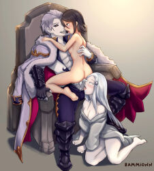 1boy 2girls armor armored_boots armored_gloves ass bare_legs barefoot black_hair black_sclera bleach bleach:_brave_souls blue_eyes boots chair clothed_male_nude_female clothed_sex coat coat_on_shoulders colored_sclera colored_skin cum cum_in_mouth cum_in_pussy cum_on_body cum_on_penis cum_on_tongue eye_contact facial felching fellatio fur_trim gloves group_sex hair_between_eyes hair_ornament hair_slicked_back hand_on_another&#039;s_back hand_on_another&#039;s_shoulder hollow_ichigo japanese_clothes kimono kiss kneeling kuchiki_rukia licking licking_penis long_hair looking_at_another multiple_girls nude on_chair on_floor open_clothes open_mouth open_shirt oral pale_skin pants penis rammionn saliva saliva_trail sex short_hair sitting sode_no_shirayuki stone straddling thighs threesome throne tongue tongue_out upright_straddle white_eyes white_hair white_kimono white_skin yellow_eyes