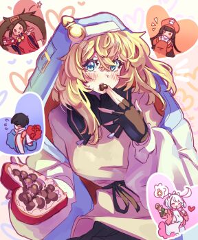 Rule 34 | > o, 4girls, ?, ^ ^, ahoge, androgyne symbol, arm warmers, belt, black arm warmers, black belt, black collar, blonde hair, blue background, blue eyes, blue jacket, blunt bangs, blush, bow, box, box of chocolates, breasts, bridget (guilty gear), brown gloves, brown hair, brown hat, candy, chibi, chibi inset, chocolate, chocolate heart, closed eyes, closed mouth, clothing cutout, collar, commentary, crossed bangs, eating, elphelt valentine, english commentary, envelope, fingerless gloves, food, gloves, gradient background, green bow, guilty gear, guilty gear strive, hair between eyes, hairband, hat, hat ornament, heart, heart-shaped box, heart-shaped food, heart background, heart seal, highres, holding, holding box, holding chocolate, holding envelope, holding food, holding paper, hood, hooded jacket, implied polyamory, jacket, jacket partially removed, kuradoberi jam, long hair, long sleeves, may (guilty gear), messy hair, multicolored jacket, multiple girls, neck bobbles, notice lines, nun, one eye closed, open mouth, orange hat, paper, pink background, pink jacket, pink trim, pointing, red eyes, red shirt, rolled-up paper, shirt, short hair, side cutout, sideboob, skull hat ornament, smile, solo focus, spiked hairband, spikes, spoken question mark, spoken ring, star (symbol), supacreamss, swept bangs, teeth, twintails, twitter username, two-tone jacket, upper body, upper teeth only, very long hair, white background, white hair, white jacket, white shirt, wide sleeves, yellow shirt, yuri