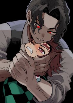 Rule 34 | 2boys, black background, black vest, brown hair, clenched teeth, facial mark, fangs, forehead mark, grin, highres, kamado tanjirou, kibutsuji muzan, kimetsu no yaiba, long sleeves, looking up, male focus, multiple boys, muscular, muscular male, parted bangs, red eyes, short hair, simple background, smile, strangling, sweat, teeth, three-quarter sleeves, tja gm, upper body, vest