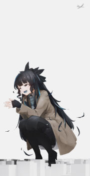 1girl absurdres aircraft airplane alternate_costume artemis_of_the_blue atelier_live blue_nails blue_tongue blunt_bangs boots coat colored_tongue commentary english_commentary high_heel_boots high_heels highres jacket long_bay long_coat open_clothes open_coat open_mouth ponytail shark_fin shark_girl sharp_teeth solo teeth thumb_hole_sleeves virtual_youtuber wavy_sidelocks white_background