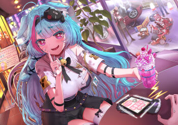 5girls absurdres animal_ear_fluff animal_ears bell black_bow black_bowtie black_hairband black_jacket black_skirt blush bow bowtie breasts car car_crash cat_ears cat_girl cat_tail cellphone chair chiz_(nte) closed_eyes commentary_request cross_in_eye cup dress drinking_glass food glasses gloves grey_hair hairband halo highres holding holding_cup holding_spoon horns ice_cream jacket kneeling large_breasts long_hair looking_at_viewer lying mint_(nte) motor_vehicle multicolored_hair multiple_girls name_tag nanally_(nte) neverness_to_everness on_back open_mouth parfait phone pink_dress pink_eyes pink_hair pink_streaks pov pov_hands red_hair red_jacket sakiri_(nte) shirt shop sitting skirt spoon standing streaked_hair sweat table tail taygedo_(nte) thighhighs tomita_yousuke unused_tire unworn_gloves white_shirt white_thighhighs window