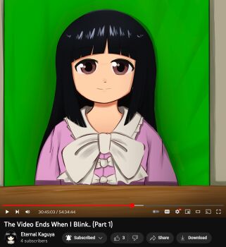 1girl black_hair bow brown_eyes closed_mouth cloudykeyz english_text fake_screenshot fake_video green_screen highres hime_cut houraisan_kaguya long_hair looking_at_viewer purple_shirt shirt smile solo staring staring_contest timestamp touhou user_interface white_bow youtube zun_(artist)