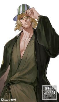 Rule 34 | 1boy, absurdres, arendt 0509, artist name, beard stubble, bleach, blonde hair, bucket hat, closed mouth, collarbone, commentary request, cowboy shot, facial hair, green eyes, green haori, green kimono, hair between eyes, hand on headwear, haori, hat, highres, japanese clothes, kimono, looking at viewer, male focus, smile, solo, stubble, urahara kisuke, white background