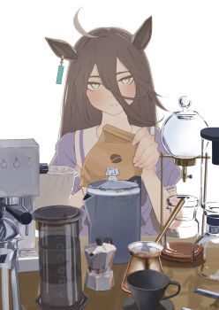 1girl ahoge animal_ears bag brown_hair coffee_maker coffee_pot coffee_press coffee_siphon commentary_request earrings fingernails hair_between_eyes highres holding holding_bag horse_ears horse_girl jewelry long_hair long_hair_between_eyes looking_at_viewer manhattan_cafe_(umamusume) moka_pot oze_(xyz_go_go11) paper_bag parted_lips sailor_collar school_uniform short_sleeves single_earring solo table tag tracen_school_uniform umamusume white_background white_sailor_collar yellow_eyes