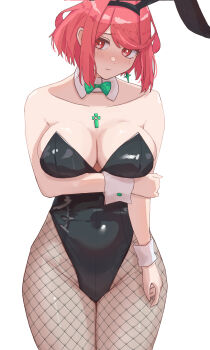1girl absurdres amausa_subee animal_ears arm_under_breasts bare_shoulders black_leotard bob_cut breasts chest_jewel cleavage collarbone commentary_request core_crystal_(xenoblade) cowboy_shot earrings fake_animal_ears fishnet_pantyhose fishnets highleg highleg_leotard highres jewelry large_breasts leotard md5_mismatch pantyhose playboy_bunny pyra_(xenoblade) rabbit_ears red_eyes red_hair revision short_hair simple_background solo strapless strapless_leotard white_background xenoblade_chronicles_(series) xenoblade_chronicles_2