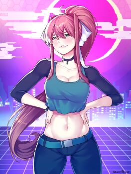 1girl ahoge alternate_costume artist_name belt belt_buckle bow breasts buckle building checkered_floor choker cleavage collarbone crop_top doki_doki_literature_club green_eyes hair_bow hair_intakes hands_on_own_hips long_hair looking_at_viewer medium_breasts monika_(doki_doki_literature_club) navel pants patterned_background ponytail skindentation skyscraper storm_blaze teeth vaporwave very_long_hair watch wristwatch