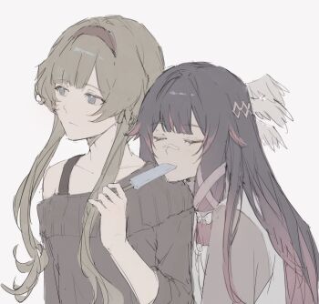 2girls alternate_costume angel_wings blue_eyes blunt_bangs brown_hair closed_eyes closed_mouth collarbone columbina_(genshin_impact) contemporary couple eating feathered_wings feeding food food_in_mouth bad_tag genshin_impact gradient_hair hashtag-only_commentary head_on_another's_shoulder head_wings headband highres holding holding_food leaning_forward leaning_on_person long_hair long_sleeves looking_to_the_side momorin_0808 multicolored_hair multiple_girls off_shoulder popsicle sandrone_(genshin_impact) short_hair single_bare_shoulder sleeves_rolled_up white_wings wings yuri