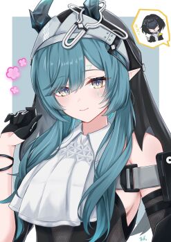 Rule 34 | 1girl, aqua hair, arknights, arknights: endfield, bare shoulders, black dress, black gloves, black hair, black mask, commentary request, demon girl, demon horns, detached sleeves, dress, endministrator (arknights), eye mask, female endministrator (arknights), gloves, half gloves, highres, horns, long hair, looking at viewer, mask, nun headdress, pointy ears, single half glove, solo focus, spoken character, tiizumaru98, xaihi (arknights), yellow eyes