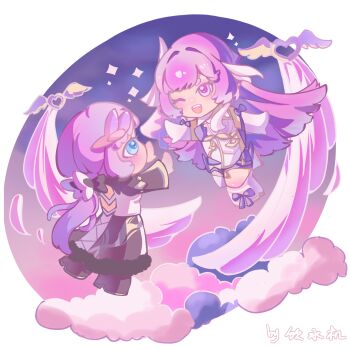 2girls blue_eyes chinese_commentary cloud commentary_request corset dual_persona elysia_(herrscher_of_human:_ego)_(honkai_impact) elysia_(honkai_impact) elysia_(miss_pink_elf)_(honkai_impact) fur-trimmed_gloves fur_trim gloves highres honkai_(series) honkai_impact_3rd long_hair multicolored_hair multiple_girls on_cloud pink_hair purple_eyes purple_sky sky two-tone_hair very_long_hair white_background white_corset white_hair yinshui_ji_ya