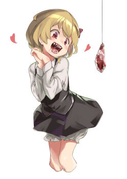 1girl black_skirt black_vest bloomers cropped_legs female_focus food hair_ribbon happy head_tilt heart highres hook interlocked_fingers long_sleeves meat muchi_maro open_mouth own_hands_clasped own_hands_together red_eyes red_ribbon ribbon rumia saliva sharp_teeth short_hair simple_background skirt skirt_set solo teeth touhou underwear vest white_background
