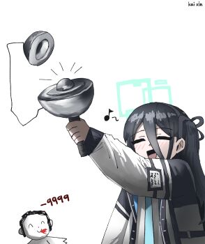 1boy 1girl absurdly_long_hair absurdres aris_(blue_archive) artist_name black_hair black_hairband blood blood_from_mouth blue_archive blue_necktie closed_eyes commentary cup-and-ball damage_numbers demon_core doodle_sensei_(blue_archive) green_halo hair_between_eyes hairband halo highres holding kai_xin kendama long_hair long_hair_between_eyes musical_note necktie one_side_up open_mouth rectangular_halo sensei_(blue_archive) simple_background smile spoken_musical_note very_long_hair white_background