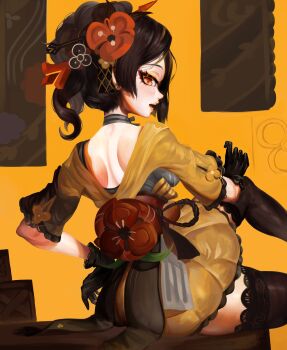 1girl absurdres black_gloves black_hair black_pantyhose black_thighhighs blonde_hair breasts chiori_(genshin_impact) drill gaiters genshin_impact gloves highres japanese_clothes kimono ornament pantyhose ponytail sahilskarts sidelocks single_thighhigh sitting solo stick thighhighs