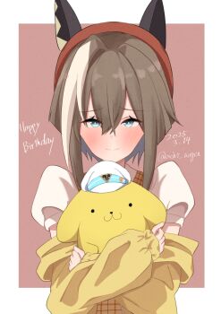 Rule 34 | 1girl, acht augen, animal, animal ears, artist name, blue eyes, blush, brown hair, cheval grand (umamusume), dated, hair between eyes, happy birthday, hat, headwear switch, holding, holding animal, horse ears, horse girl, long sleeves, multicolored hair, pompompurin, puffy short sleeves, puffy sleeves, red hat, short hair with long locks, short sleeves, simple background, smile, streaked hair, umamusume, upper body