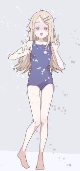 Rule 34 | 1girl, absurdres, bare legs, barefoot, blonde hair, blue one-piece swimsuit, cold, collarbone, colored eyelashes, commentary, double v, flat chest, full body, gakuen idolmaster, grey hair, hair ornament, hairclip, hands up, highres, idolmaster, long hair, looking at viewer, one-piece swimsuit, open mouth, orange eyes, parallel hairclips, parted bangs, s10021, shaded face, shinosawa hiro, snow, snowing, solo, standing, swimsuit, v