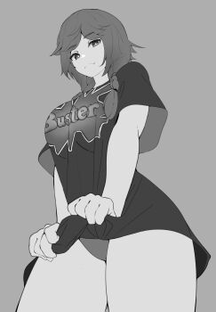 1girl absurdres braid breasts commentary commission cowboy_shot from_below frown greyscale highres large_breasts low_twin_braids lumpychan monochrome original panties shirt_tug solo twin_braids underwear