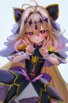 Rule 34 | 1girl, absurdres, blonde hair, colored tips, commentary request, cure arcana shadow, double v, dress, gradient hair, h.yasai, highres, long hair, looking at viewer, magical girl, meitantei precure!, multicolored hair, open mouth, pink hair, precure, purple eyes, simple background, solo, straight-on, v, very long hair, white background