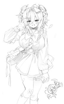 Rule 34 | 1girl, alternate costume, bag, bandaid, bandaid on leg, blush, bow, bowtie, breasts, choker, commentary, faust (project moon), frilled shirt, frills, hair ornament, hair ribbon, hairclip, heart, heart-shaped bag, heart hair ornament, highres, holding, holding phone, jirai kei, kneehighs, large breasts, limbus company, lineart, long sleeves, monochrome, phone, project moon, ribbon, shirt, short hair, shoulder bag, sketch, skirt, smile, socks, solo, thigh strap, two side up, x hair ornament, yuchan 00001