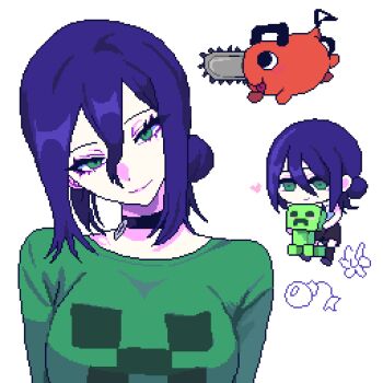 1girl animal black_choker bomb breasts chainsaw chainsaw_man character_print choker closed_mouth creeper dog double-parted_bangs explosive flower green_eyes green_shirt grenade_pin hair_between_eyes hair_bun hashtag-only_commentary head_tilt heart large_breasts looking_at_viewer lowres minecraft multiple_views pixel_art pixelcadete pochita_(chainsaw_man) print_shirt purple_hair reze_(chainsaw_man) shirt short_hair simple_background single_hair_bun smile white_background