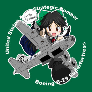 1girl aircraft airplane atomic_bombings_of_hiroshima_and_nagasaki b-29 b-29_superfortress black_hair blush_stickers bomb bomber brown_eyes chibi commentary english_text enola_gay_(b-29_superfortress) explosive female_focus little_boy_(nuclear_bomb) long_hair lucky_strike military military_vehicle nuclear_weapon red_eyes reiuji_utsuho sakurato_tsuguhi solo thumbs_up touhou vehicle_focus weapon_of_mass_destruction wings world_war_ii