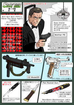 Rule 34 | 007, 1boy, bow, bowtie, brown hair, business suit, ceska zbrojovka uhersky brod, combat knife, english text, formal clothes, gun, handgun, james bond, james bond (series), japanese text, knife, koishikawa arsenal, muta koji, nambu type 14, never say never again, pen gun, pistol, sa 23, sa 25, story time (muta koji), submachine gun, suit, translation request, walther, walther p5, weapon, weapon focus, weapon name, weapon profile