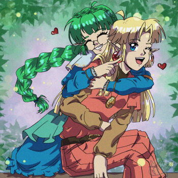 1990s_(style) 1girl 2girls ahoge belt blonde_hair blue_dress blue_eyes blunt_bangs braid braided_ponytail commission commissioner_upload crown_braid deltaflareon dress earrings elf euphemy_sylvaine fake_screenshot film_grain glasses green_eyes green_hair grin hairband highres hug hugged_from_behind jewelry long_hair long_sleeves lotte_farona multiple_girls official_art one_eye_closed open_mouth orange_dress orange_shirt pointy_ears ponytail retro_artstyle round_eyewear shirt signature sitting smile teeth ways_of_darkness_(series)