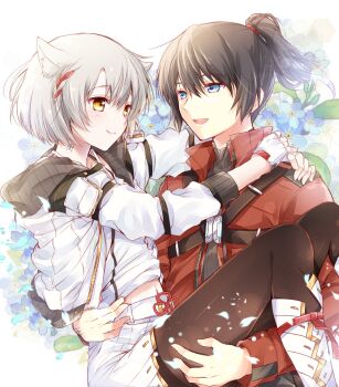 1boy 1girl animal_ear_fluff animal_ears blue_eyes brown_pantyhose carrying cat_ears cat_girl chinese_knot closed_mouth commentary_request fingerless_gloves gloves hetero high_ponytail jacket long_sleeves looking_at_another midriff_peek mio_(xenoblade) navel neck_tattoo noah_(xenoblade) open_clothes open_jacket open_mouth pantyhose ponytail princess_carry red_jacket short_hair skirt smile tattoo ui_frara white_gloves white_jacket white_skirt xenoblade_chronicles_(series) xenoblade_chronicles_3 yellow_eyes