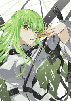 1girl breasts c.c. c.c._day code_geass eating food green_hair highres jun_(rellik_&amp;_redrum) long_hair long_sleeves looking_at_viewer medium_breasts pizza pizza_slice simple_background solo white_background yellow_eyes