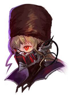 1girl blonde_hair code_vein fur_hat glowing glowing_eyes hat highres mask mia_karnstein nakamura_eight papakha ponytail red_eyes tube white_background