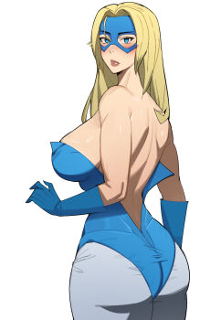 ass blonde_blazer blonde_hair blue_eyes blue_gloves blue_leotard blush breasts cleavage dispatch dr_octojuice from_side gloves highres large_breasts leotard looking_at_viewer looking_back mask sideboob simple_background superhero_costume undressing white_background
