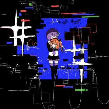 2girls a.i._voice abstract_background adachi_rei android beret black_background black_skirt black_thighhighs cable closed_eyes commentary_request hair_ribbon hat highres holding_detached_head hugging_object kikaijima_(utau) long_sleeves looking_at_viewer multiple_girls narumiya_ponpo ocean orange_eyes orange_hair pleated_skirt purple_hair purple_hat radio_antenna ribbon shirt short_hair side_ponytail skirt sound_wave sparkle square standing thighhighs utane_uta utau white_ribbon white_shirt wide_shot zettai_ryouiki
