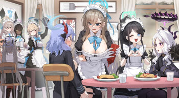 6+girls absurdres ahoge akane_(blue_archive) ako_(blue_archive) aris_(blue_archive) asuna_(blue_archive) black_hair black_halo blue_archive breasts chinatsu_(blue_archive) closed_eyes coat coat_on_shoulders commentary dark-skinned_female dark_skin demon_girl demon_horns food grey_hair halo highres hina_(blue_archive) horns indoors iori_(blue_archive) karin_(blue_archive) kokukyukeo large_breasts long_hair maid maid_headdress medium_hair multiple_girls neru_(blue_archive) orange_hair red_hair sitting standing table toki_(blue_archive) twintails very_long_hair white_hair