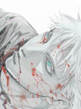 1boy absurdres blood blood_on_clothes blood_on_face blue_eyes closed_mouth eyelashes gojou_satoru greyscale highres jozpic jujutsu_kaisen male_focus monochrome short_hair simple_background solo spot_color white_background