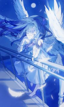 1girl absurdres black_hair columbina_(genshin_impact) commentary dress falling_feathers feathered_wings feathers full_moon genshin_impact hair_ribbon head_wings highres korean_commentary long_hair moon multiple_wings naengbi1008 night night_sky outdoors parted_lips pink_hair ribbon sidelocks sky solo very_long_hair white_dress white_feathers white_mask white_ribbon white_wings wings wrist_ribbon